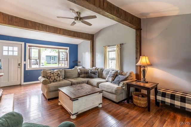 906 Beley Ave, Salina, NY 13211 - living room featuring healthy amount of natural light, dark wood-style floors, lofted ceiling, and ceiling fan