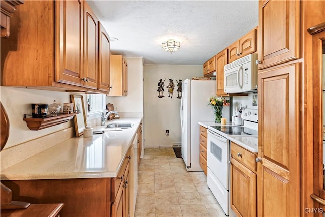 829 Franklin St, Skaneateles, NY 13152 - kitchen featuring white appliances, a sink, light countertops, light tile patterned floors, and brown cabinets