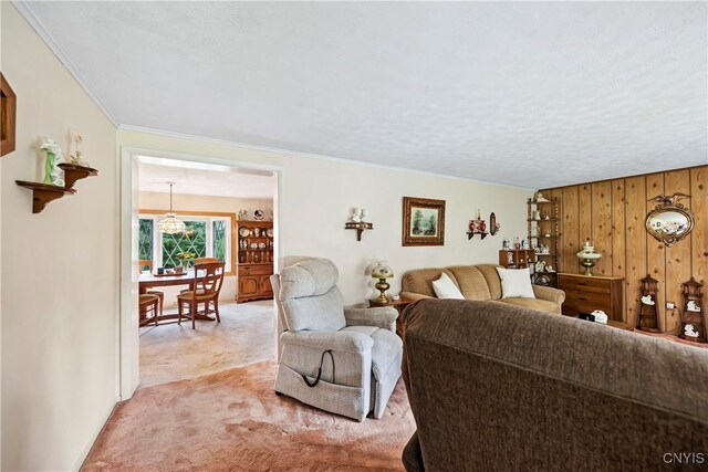 829 Franklin St, Skaneateles, NY 13152 - living room featuring light colored carpet, a chandelier, ornamental molding, and wood walls