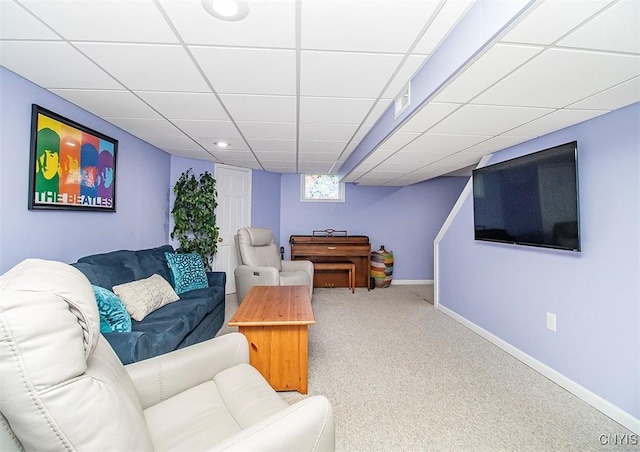 106 Peterson Dr, Camillus, NY 13031 - living room featuring carpet flooring, a paneled ceiling, and baseboards