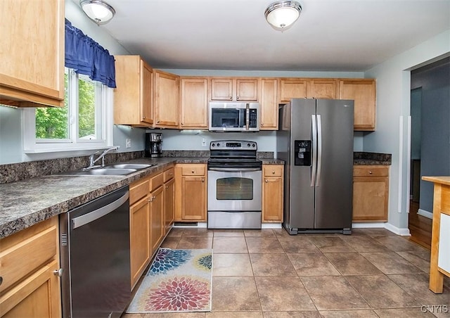106 Peterson Dr, Camillus, NY 13031 - kitchen featuring stainless steel appliances, a sink, dark countertops, and dark tile patterned flooring