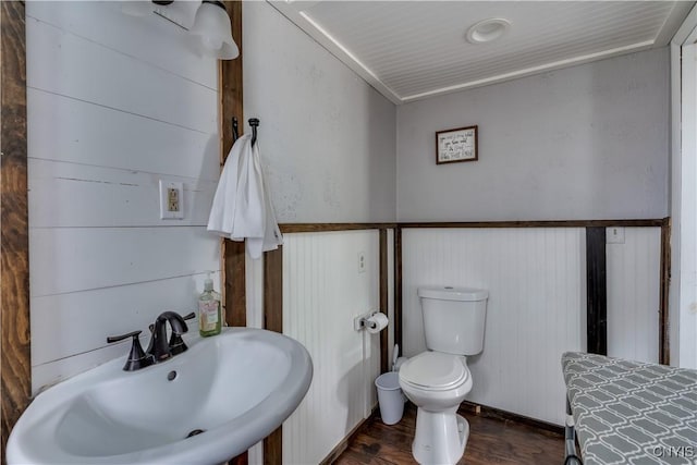 44191 Lime St, Wilna, NY 13665 - bathroom featuring a sink, wood finished floors, toilet, and wainscoting