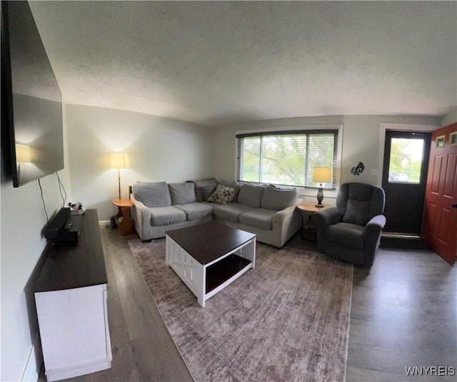 9357 Steffi Dr, Evans, NY 14006 - living area with wood finished floors, a textured ceiling, and baseboards