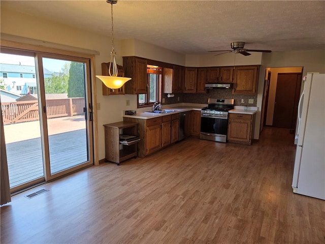 70 Crestway Ln, Greece, NY 14612 - kitchen featuring appliances with stainless steel finishes, under cabinet range hood, a sink, light wood-style floors, and a ceiling fan