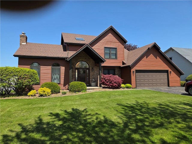 70 Crestway Ln, Greece, NY 14612 - view of front of home featuring a garage, a chimney, a front lawn, asphalt driveway, and a shingled roof