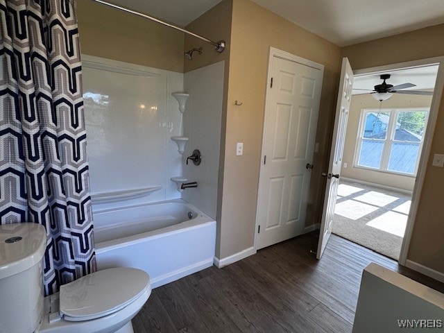 21 Maple St, Evans, NY 14006 - bathroom featuring wood finished floors, shower / bathtub combination with curtain, and a ceiling fan