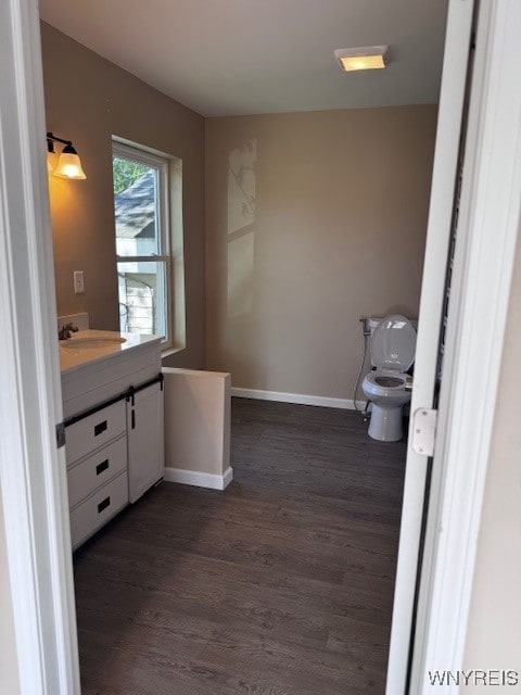 21 Maple St, Evans, NY 14006 - bathroom featuring toilet, vanity, wood finished floors, and baseboards