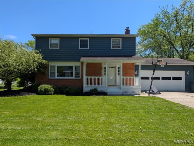 343 Carrollwood Dr, Porter, NY 14174 - view of front facade with a porch, brick siding, a chimney, concrete driveway, and a garage
