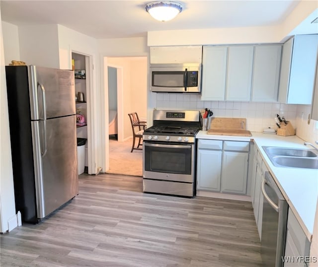 343 Carrollwood Dr, Porter, NY 14174 - kitchen with appliances with stainless steel finishes, a sink, light wood finished floors, light countertops, and tasteful backsplash