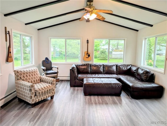 343 Carrollwood Dr, Porter, NY 14174 - living room featuring a baseboard heating unit, wood finished floors, and a ceiling fan