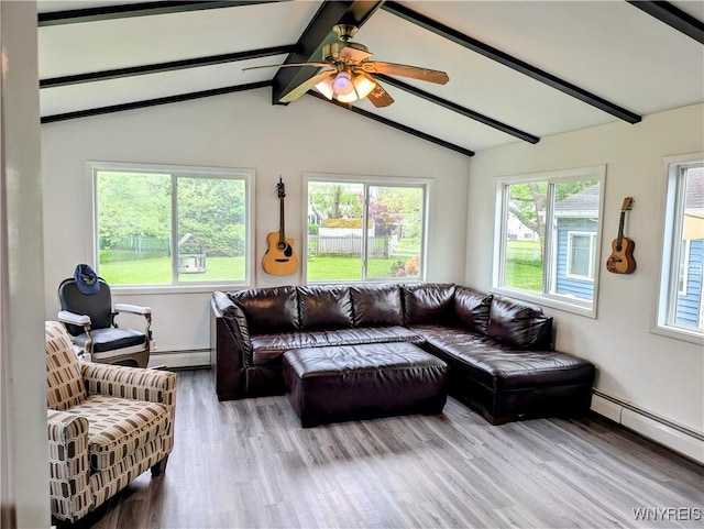 343 Carrollwood Dr, Porter, NY 14174 - living area with a baseboard heating unit, wood finished floors, and a ceiling fan