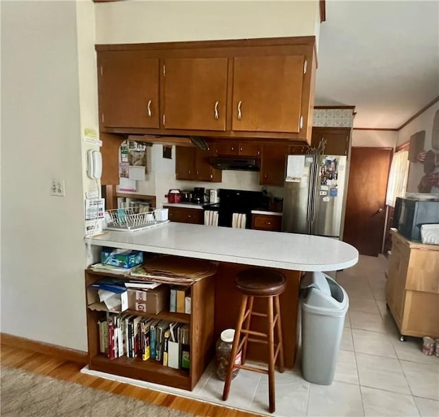 8 Birch St, Oneonta-City, NY 13820 - kitchen with under cabinet range hood, freestanding refrigerator, range, a peninsula, and light countertops