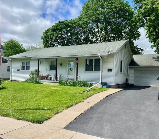 8 Birch St, Oneonta-City, NY 13820 - ranch-style home featuring an attached garage, covered porch, a front yard, asphalt driveway, and roof with shingles