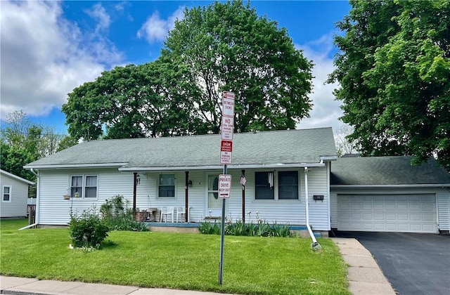8 Birch St, Oneonta-City, NY 13820 - ranch-style house with a porch, an attached garage, driveway, a front lawn, and a chimney