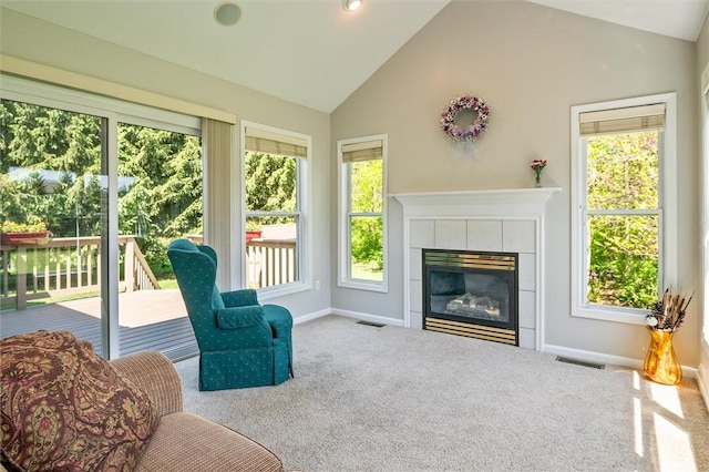 1401 Mountain Laurel Ln, Ontario, NY 14519 - living area with carpet flooring, healthy amount of natural light, baseboards, high vaulted ceiling, and recessed lighting