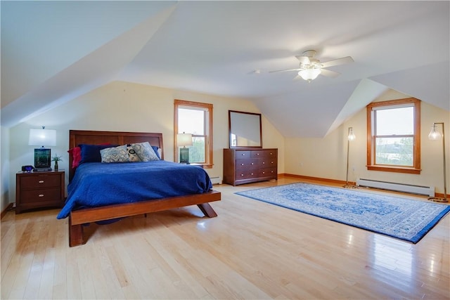 160 Reiss Rd, Otsego, NY 13326 - bedroom with a baseboard heating unit, light wood-style floors, vaulted ceiling, ceiling fan, and baseboards