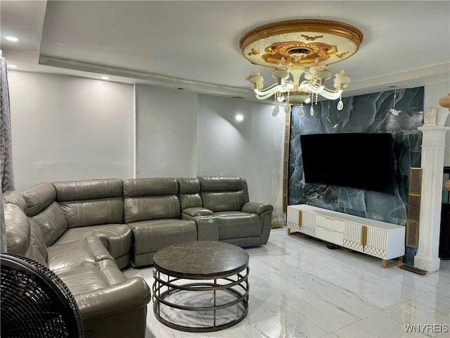 512 Sherman St, Buffalo, NY 14211 - living area with light marble finish floors, recessed lighting, and a chandelier