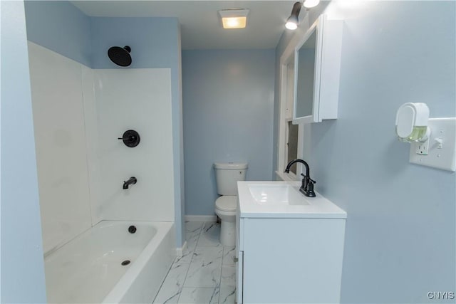 118 Leray St, Le Ray, NY 13612 - full bathroom featuring marble look tiles, vanity, toilet, shower / bath combination, and baseboards