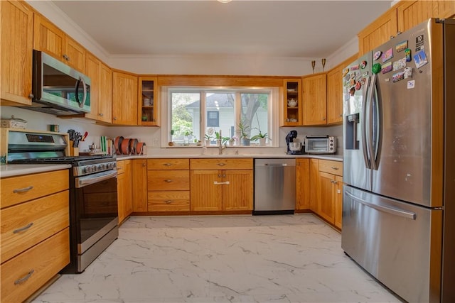 54 Beaver St, Otsego, NY 13326 - kitchen featuring appliances with stainless steel finishes, light marble finish floors, a sink, and crown molding