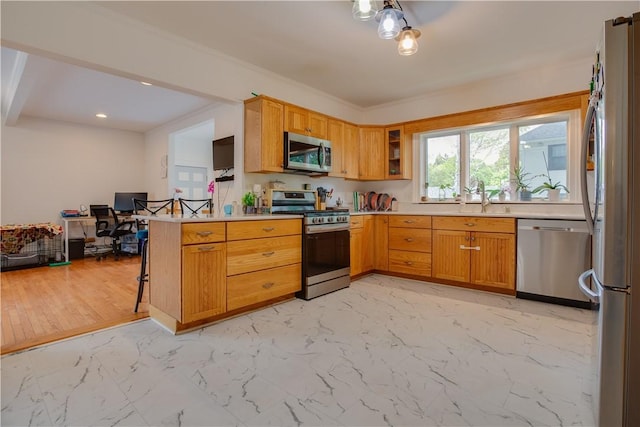 54 Beaver St, Otsego, NY 13326 - kitchen featuring stainless steel appliances, light marble finish floors, a sink, glass insert cabinets, and an office area