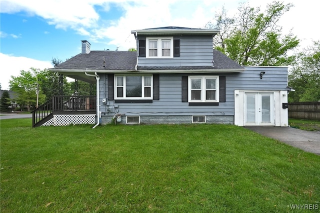 3564 Grafton Ave, Hamburg, NY 14219 - back of property with french doors, a chimney, a shingled roof, central AC, and a wooden deck