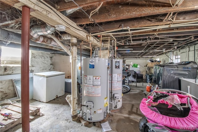 151 Edson St, West Seneca, NY 14210 - unfinished basement with water heater, white refrigerator, and washing machine and dryer