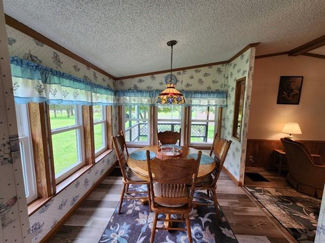 3483 First Fork Rd, Grove Twp, PA 15861 - dining room with ornamental molding, wallpapered walls, a textured ceiling, a wainscoted wall, and wood finished floors