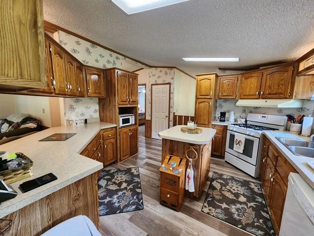 3483 First Fork Rd, Grove Twp, PA 15861 - kitchen with white appliances, under cabinet range hood, wood finished floors, a textured ceiling, and a sink