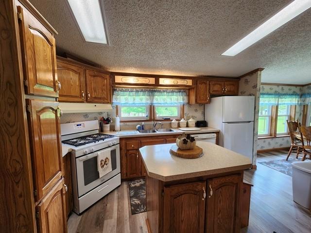 3483 First Fork Rd, Grove Twp, PA 15861 - kitchen with white appliances, a textured ceiling, a sink, wood finished floors, and under cabinet range hood