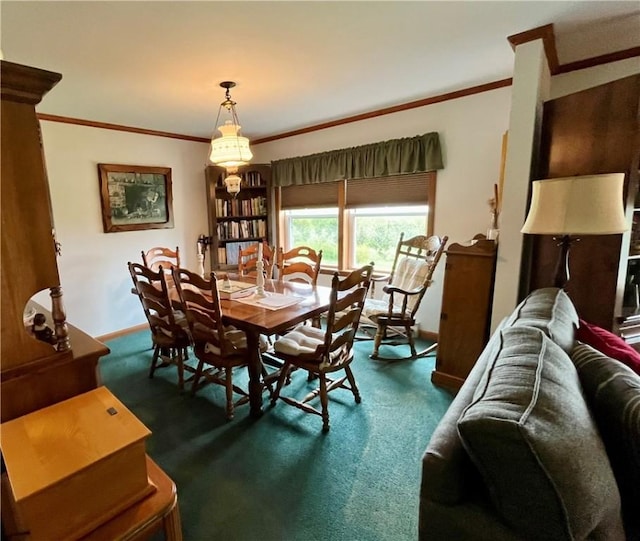 8255 County Highway 2, Andes, NY 13731 - dining room with baseboards, ornamental molding, and dark colored carpet