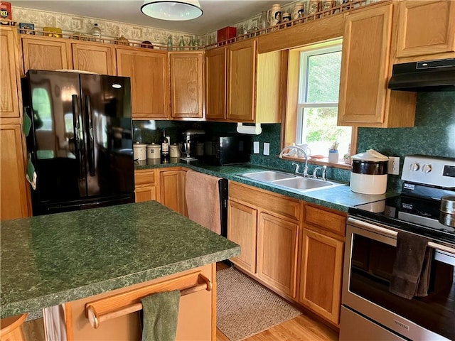 8255 County Highway 2, Andes, NY 13731 - kitchen featuring electric stove, freestanding refrigerator, under cabinet range hood, a sink, and dark countertops