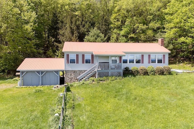8255 County Highway 2, Andes, NY 13731 - ranch-style house featuring a chimney, stairs, metal roof, and a front lawn
