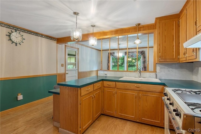 112 Vanida Dr, Camillus, NY 13031 - kitchen featuring a sink, light wood-type flooring, a peninsula, hanging light fixtures, and brown cabinets