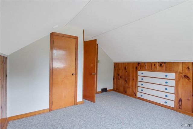 112 Vanida Dr, Camillus, NY 13031 - additional living space with vaulted ceiling, wood walls, carpet, and baseboards