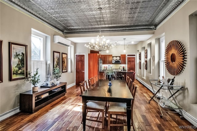 509 Virginia St, Buffalo, NY 14202 - dining area with an ornate ceiling, dark wood-type flooring, crown molding, a wall mounted AC, and a chandelier