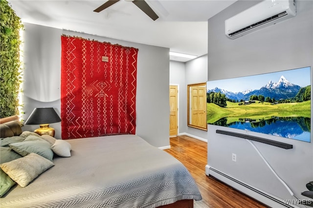 509 Virginia St, Buffalo, NY 14202 - bedroom with an AC wall unit, a baseboard heating unit, wood finished floors, and a ceiling fan