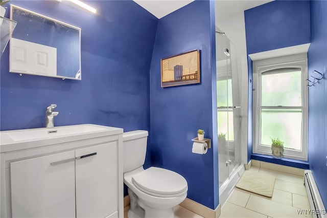 509 Virginia St, Buffalo, NY 14202 - bathroom featuring baseboard heating, toilet, a stall shower, vanity, and tile patterned floors