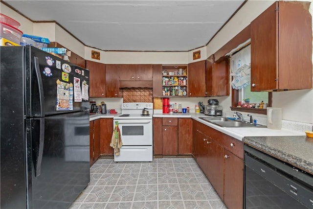 3 Maple St, Lyons, NY 14489 - kitchen with black appliances, open shelves, a sink, brown cabinets, and light countertops