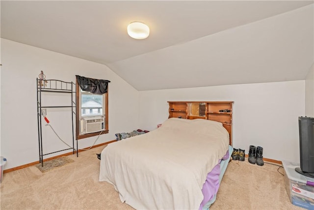 3 Maple St, Lyons, NY 14489 - bedroom with light colored carpet, lofted ceiling, baseboards, and cooling unit