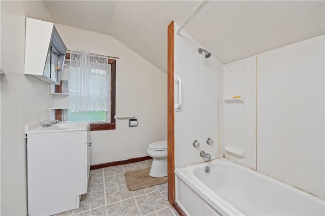 3 Maple St, Lyons, NY 14489 - bathroom featuring lofted ceiling, vanity, toilet,  shower combination, and tile patterned flooring