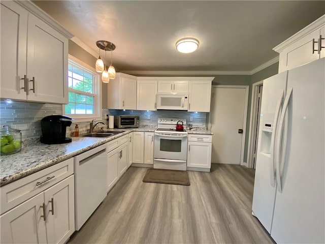 5 Melvins Ln, Big Flats, NY 14845 - kitchen with white appliances, a sink, white cabinetry, light wood-style flooring, and crown molding