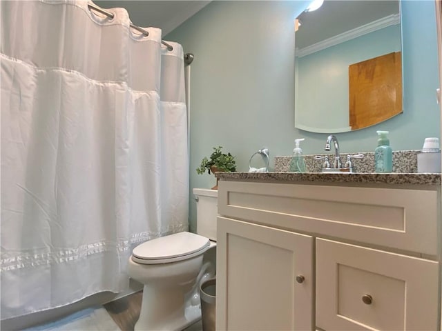 5 Melvins Ln, Big Flats, NY 14845 - full bath featuring ornamental molding, vanity, toilet, curtained shower, and wood finished floors