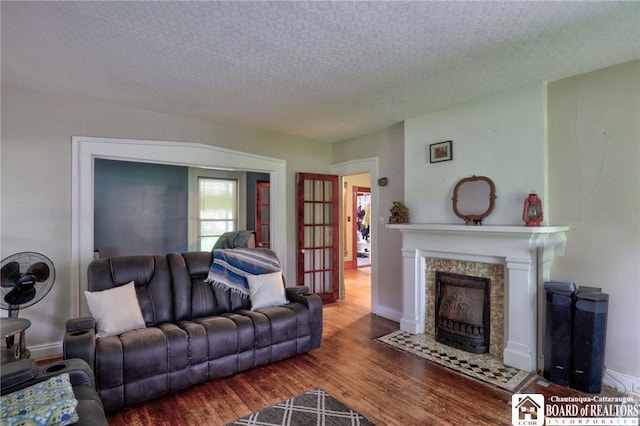 25 Academy St, Westfield, NY 14787 - living room featuring wood finished floors, a tile fireplace, baseboards, and a textured ceiling