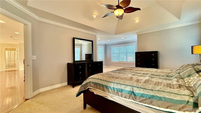 65 Islewoods, Grand Island, NY 14072 - bedroom with baseboards, crown molding, recessed lighting, ceiling fan, and light carpet