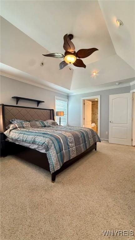 65 Islewoods, Grand Island, NY 14072 - carpeted bedroom featuring crown molding, a raised ceiling, a ceiling fan, and ensuite bathroom