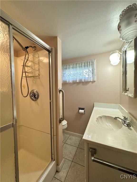 411 Hamilton St, Rome-Inside, NY 13440 - bathroom with vanity, tile patterned flooring, a shower stall, and toilet