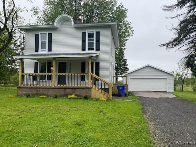 1750 Yates Carlton Townline Rd, Yates, NY 14098 - view of front of property featuring an outbuilding, covered porch, a detached garage, a front lawn, and a chimney