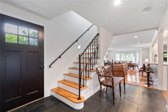 1 Creekside Ln, Pittsford, NY 14618 - entrance foyer featuring stairs, recessed lighting, and baseboards