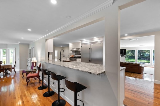 1 Creekside Ln, Pittsford, NY 14618 - kitchen featuring premium appliances, a peninsula, ornamental molding, white cabinets, and a sink
