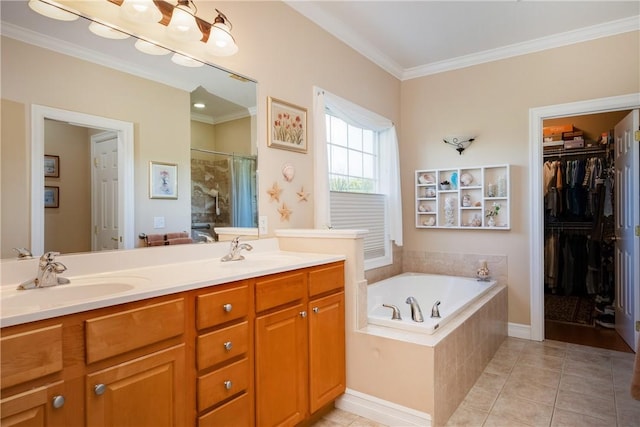 31 Hunters Run, Horseheads, NY 14845 - full bath featuring a tile shower, double vanity, a bath, ornamental molding, and tile patterned flooring